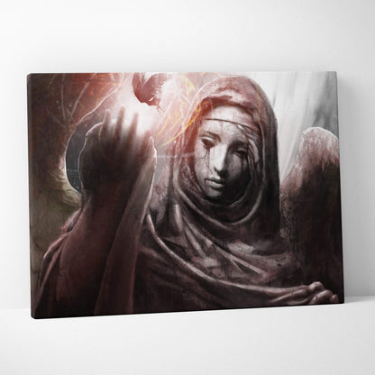 A monochromatic canvas print of a cracked marble weeping stone angel with weathered wings and a flicker of flame