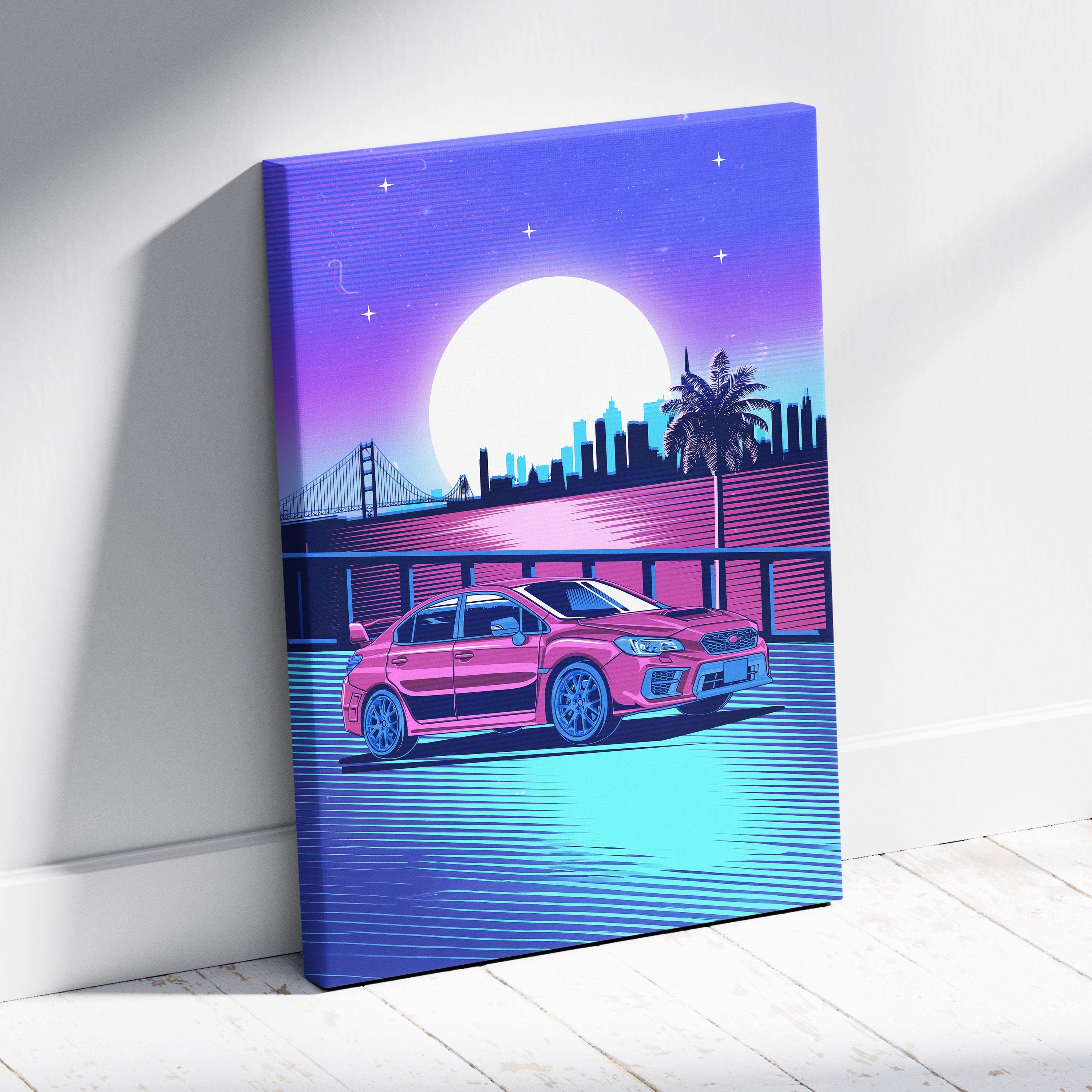Vaporwave pink jdm wrx sedan canvas art print featuring a vibrant pink sports car in neon retro style nightscape