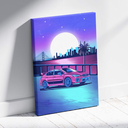 Vaporwave pink jdm wrx sedan canvas art print featuring a vibrant pink sports car in neon retro style nightscape