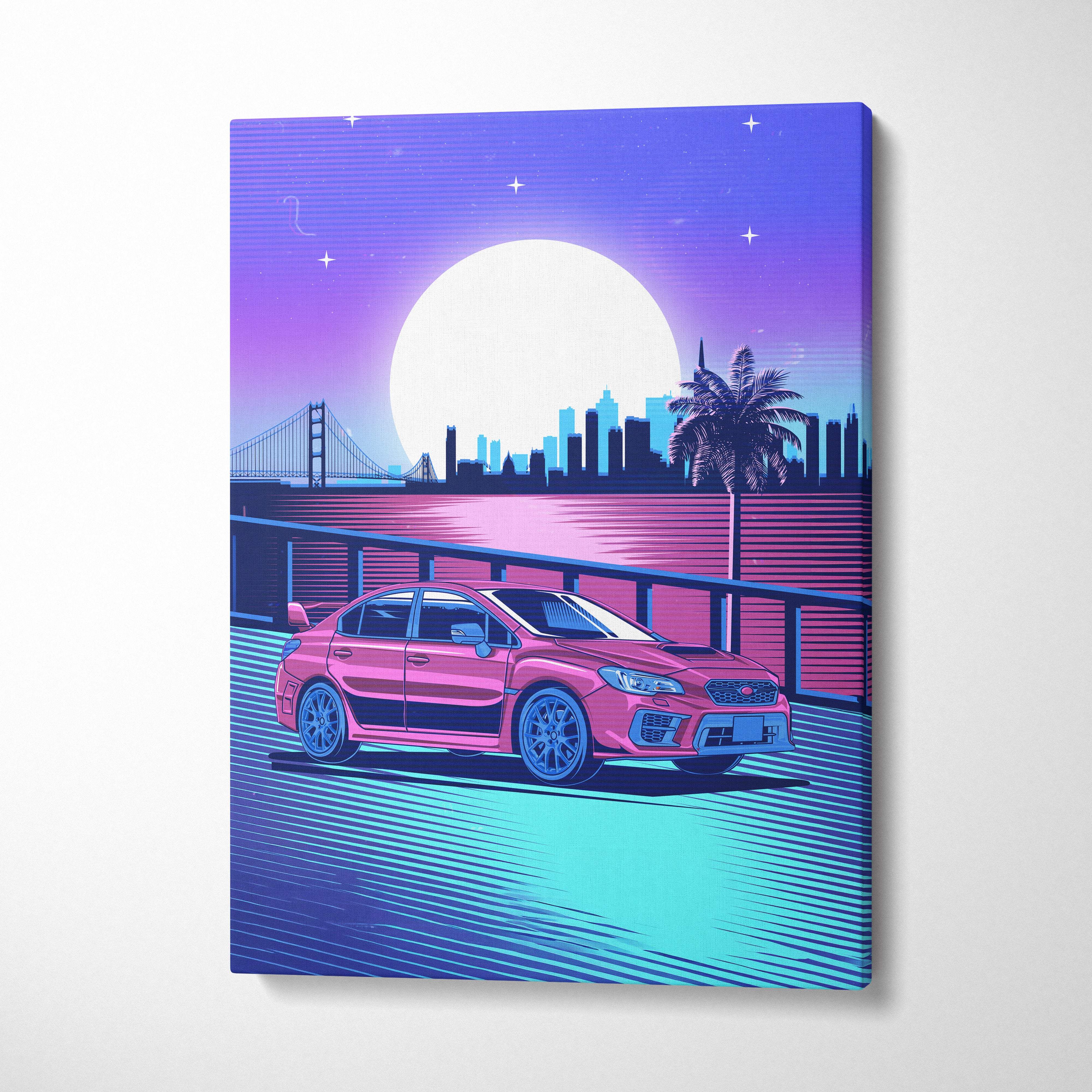 A vibrant pink subaru wrx sedan stylized in retro-futuristic illustration on canvas for vaporwave wall decor