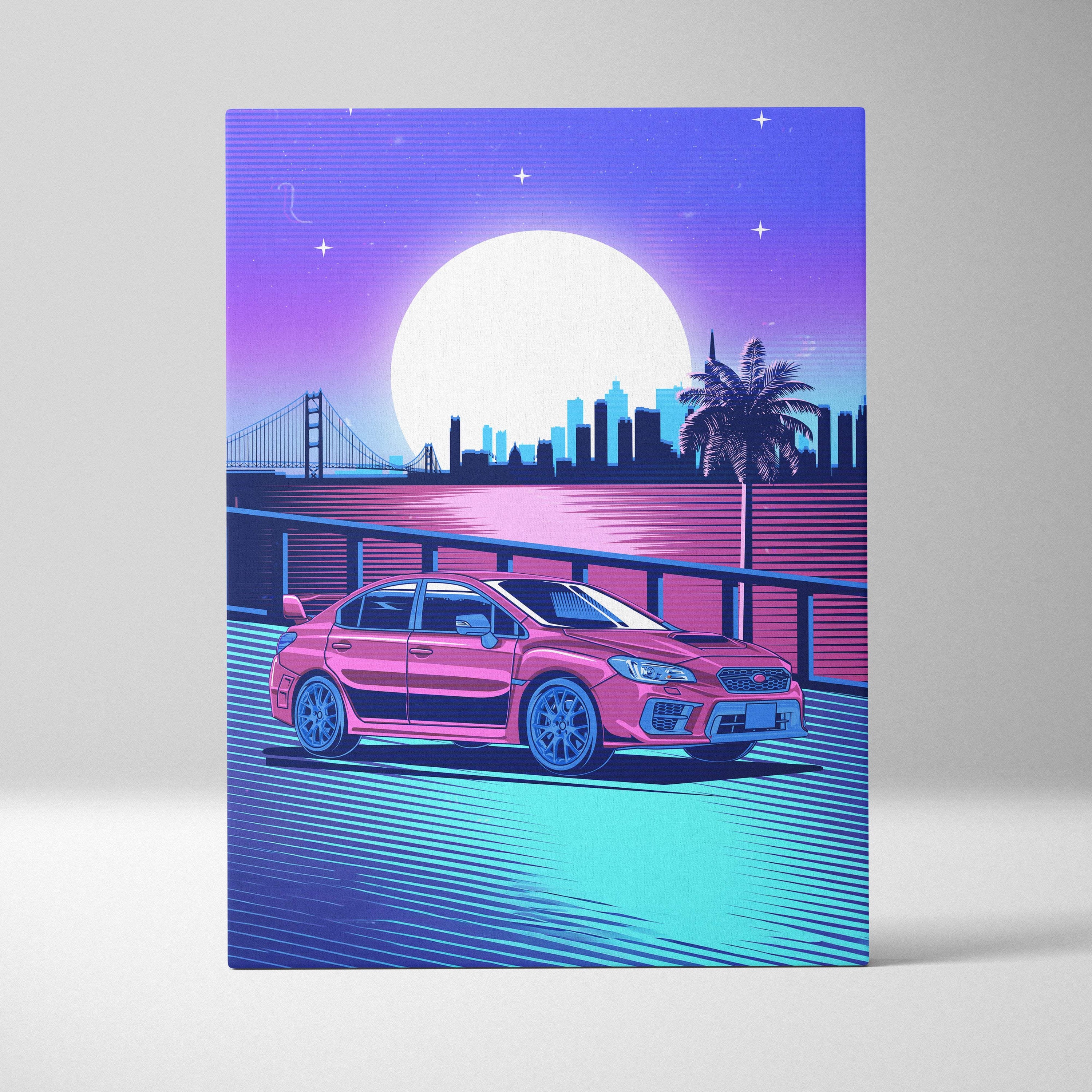 Vibrant pink subaru wrx sedan canvas art print featuring neon cyberpunk city skyline with glowing moon and palm trees