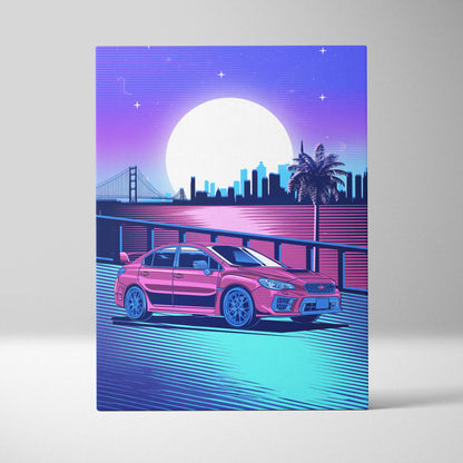 Vibrant pink subaru wrx sedan canvas art print featuring neon cyberpunk city skyline with glowing moon and palm trees