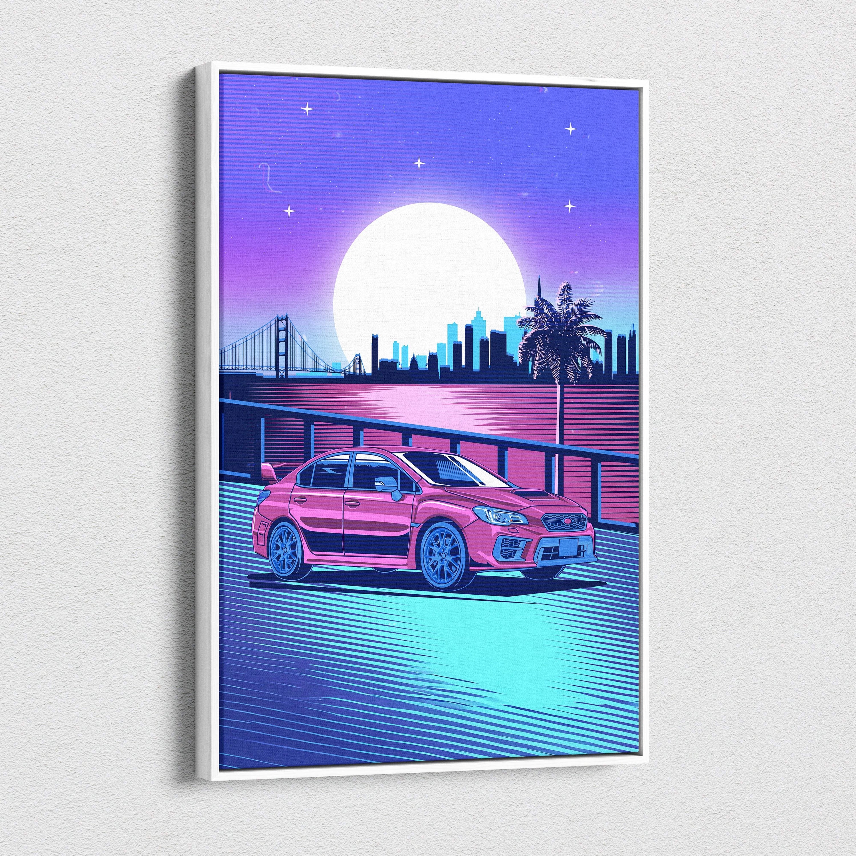 Vaporwave pink jdm wrx sedan canvas art print featuring a vibrant pink subaru wrx in a neon synthwave cityscape