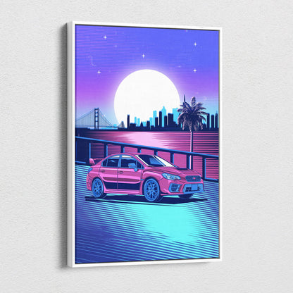 Vaporwave pink jdm wrx sedan canvas art print featuring a vibrant pink subaru wrx in a neon synthwave cityscape