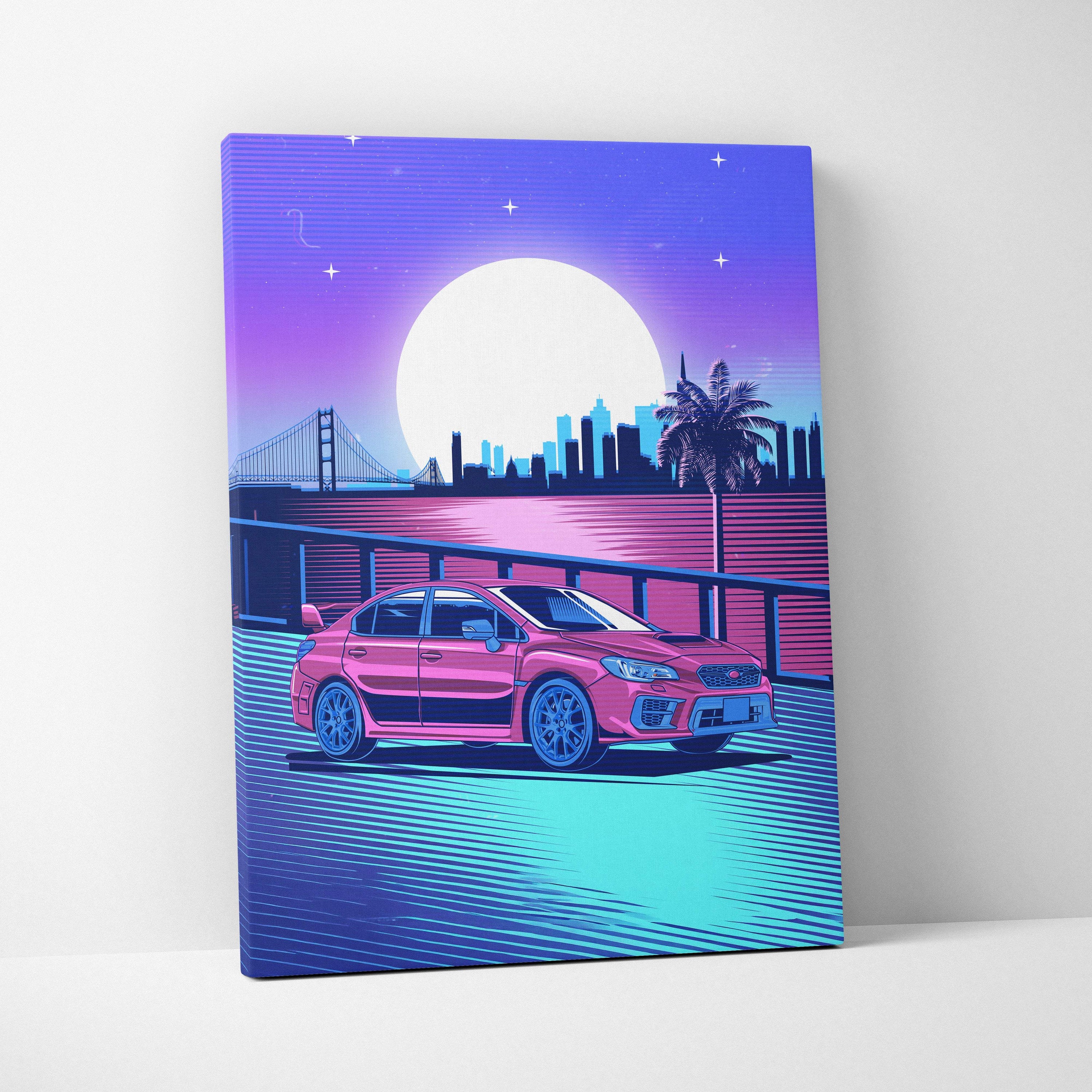 Vibrant pink subaru wrx sedan canvas art print featuring retro-futuristic vaporwave city skyline and neon nightscape