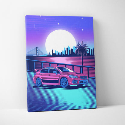 Vibrant pink subaru wrx sedan canvas art print featuring retro-futuristic vaporwave city skyline and neon nightscape