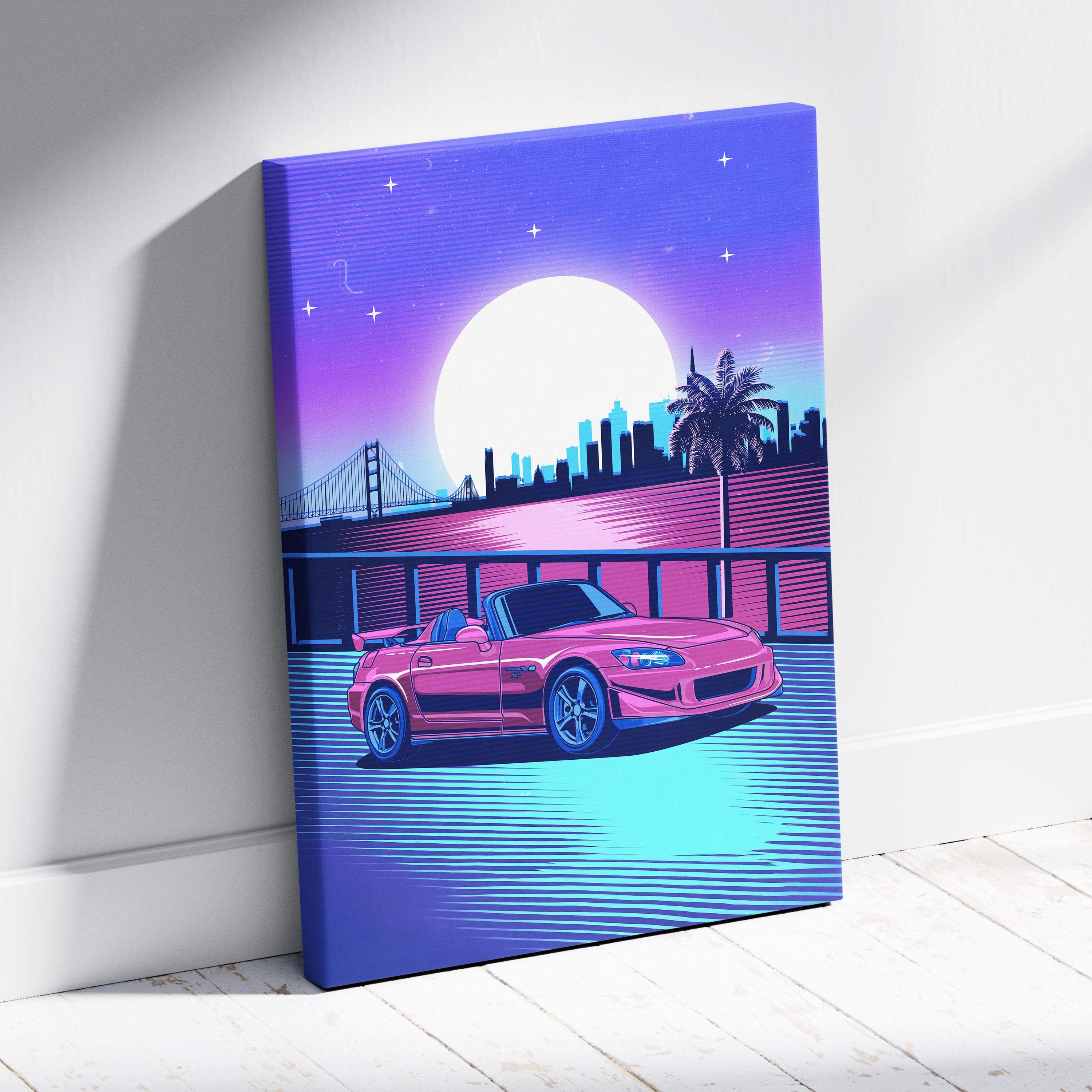 Vibrant pink jdm s2000 sports car canvas art print with vaporwave synthwave city skyline neon moon bridge design