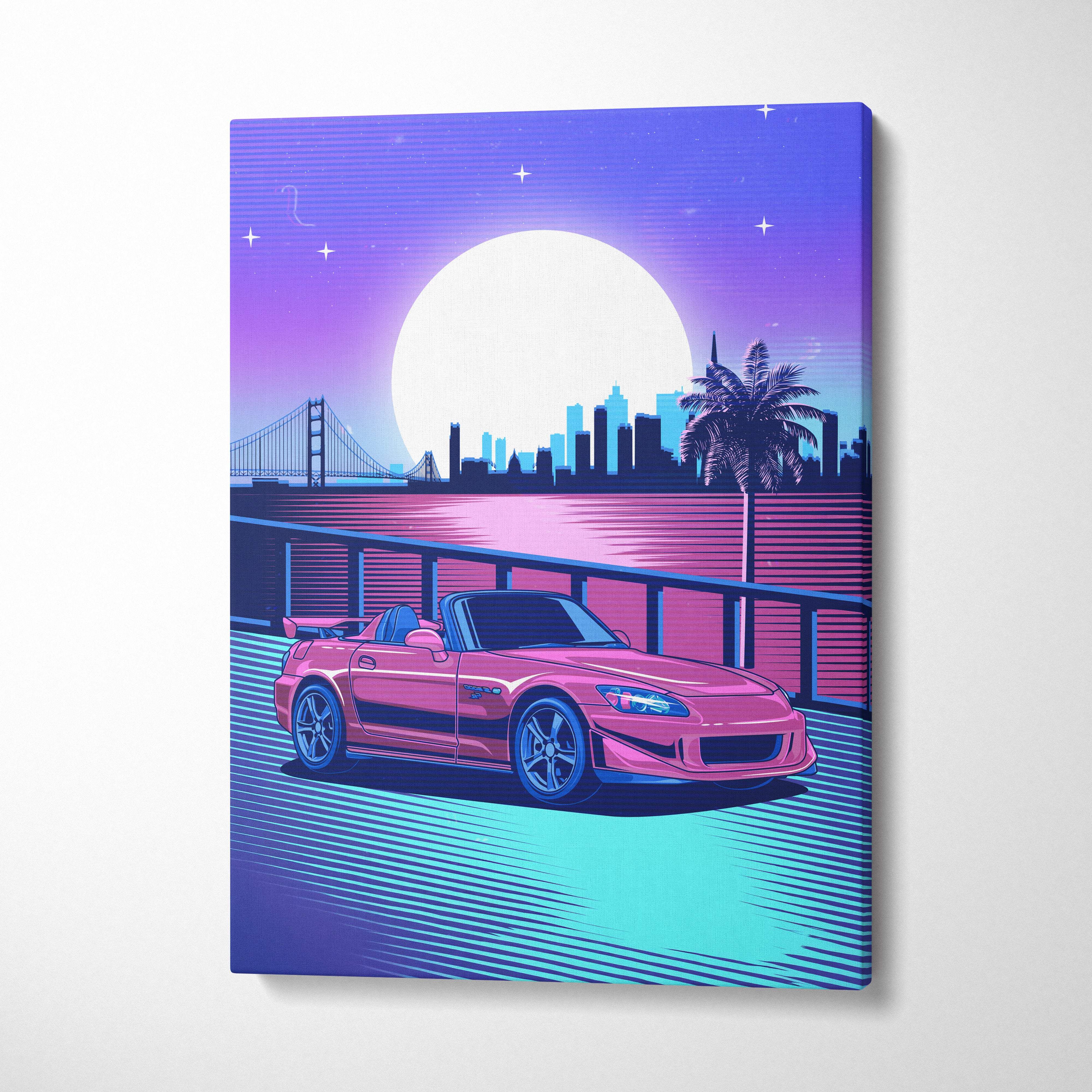 Vibrant pink honda s2000 canvas art print featuring a stylized retro-futuristic vaporwave sports car nightscape