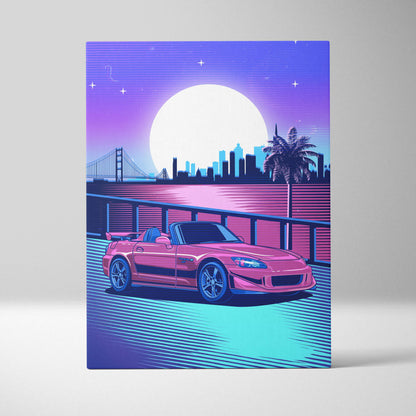 Vaporwave pink jdm roadster s2000 canvas art print featuring a stylized retro-futuristic pink convertible sports car with blue accents