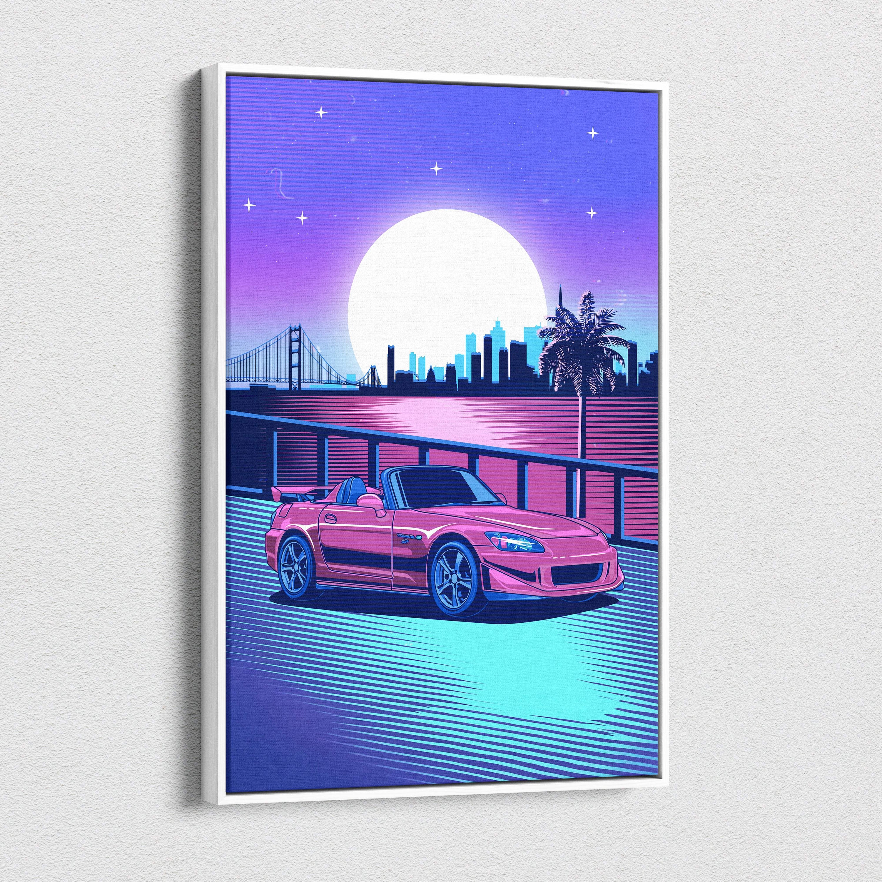 Vaporwave pink honda s2000 canvas art print featuring a neon blue and purple synthwave sports car nightscape
