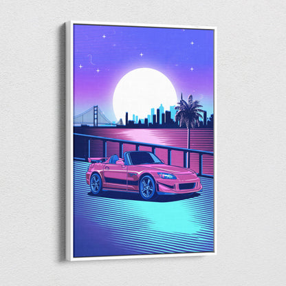 Vaporwave pink honda s2000 canvas art print featuring a neon blue and purple synthwave sports car nightscape