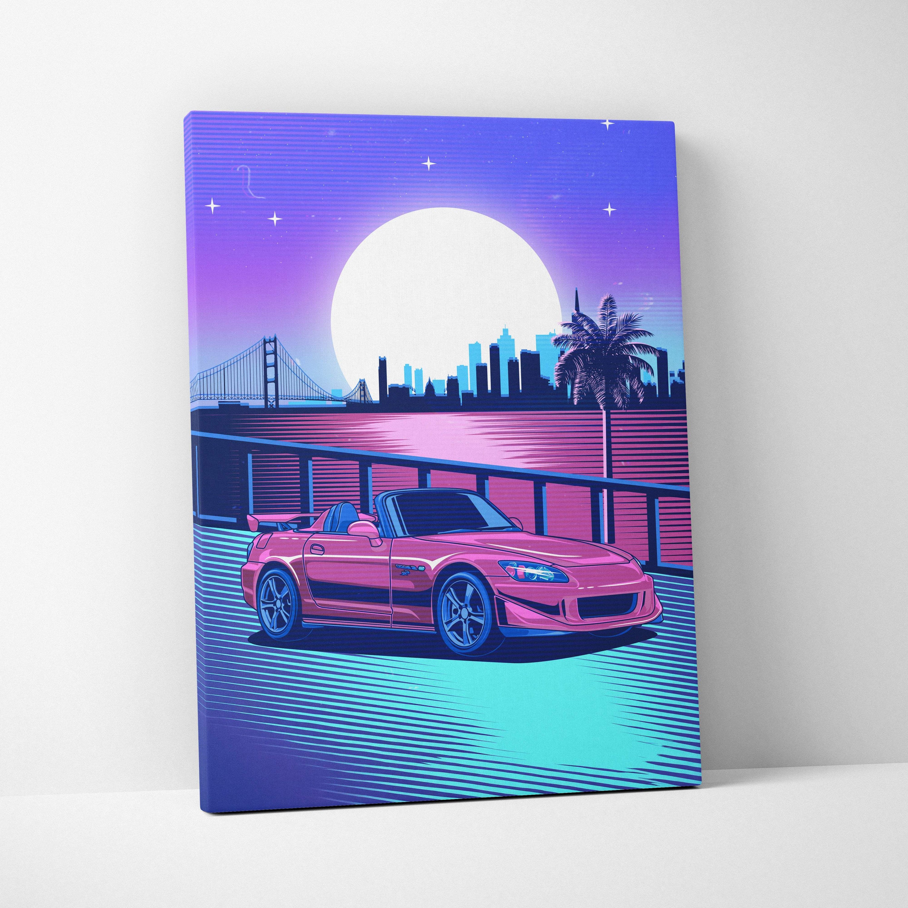 Vibrant pink Honda S2000 sports car canvas art print with retro-futuristic vaporwave synthwave nightscape design