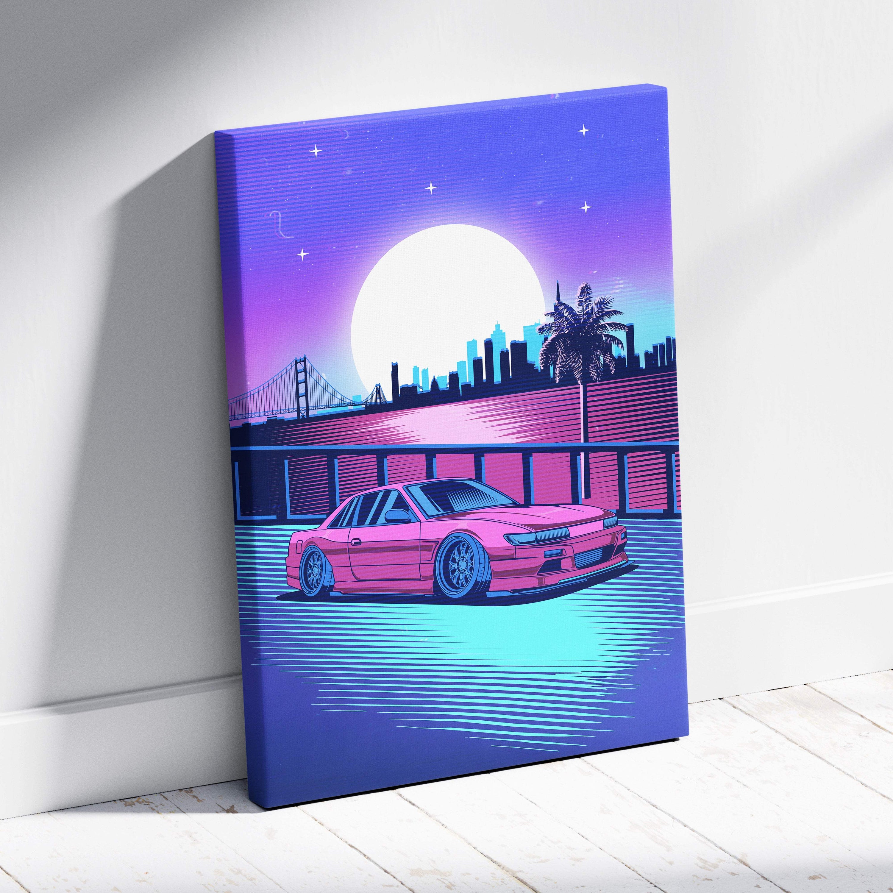 Vaporwave pink nissan s14 sports car canvas art print with neon synthwave skyline and retro palm tree nightscape design
