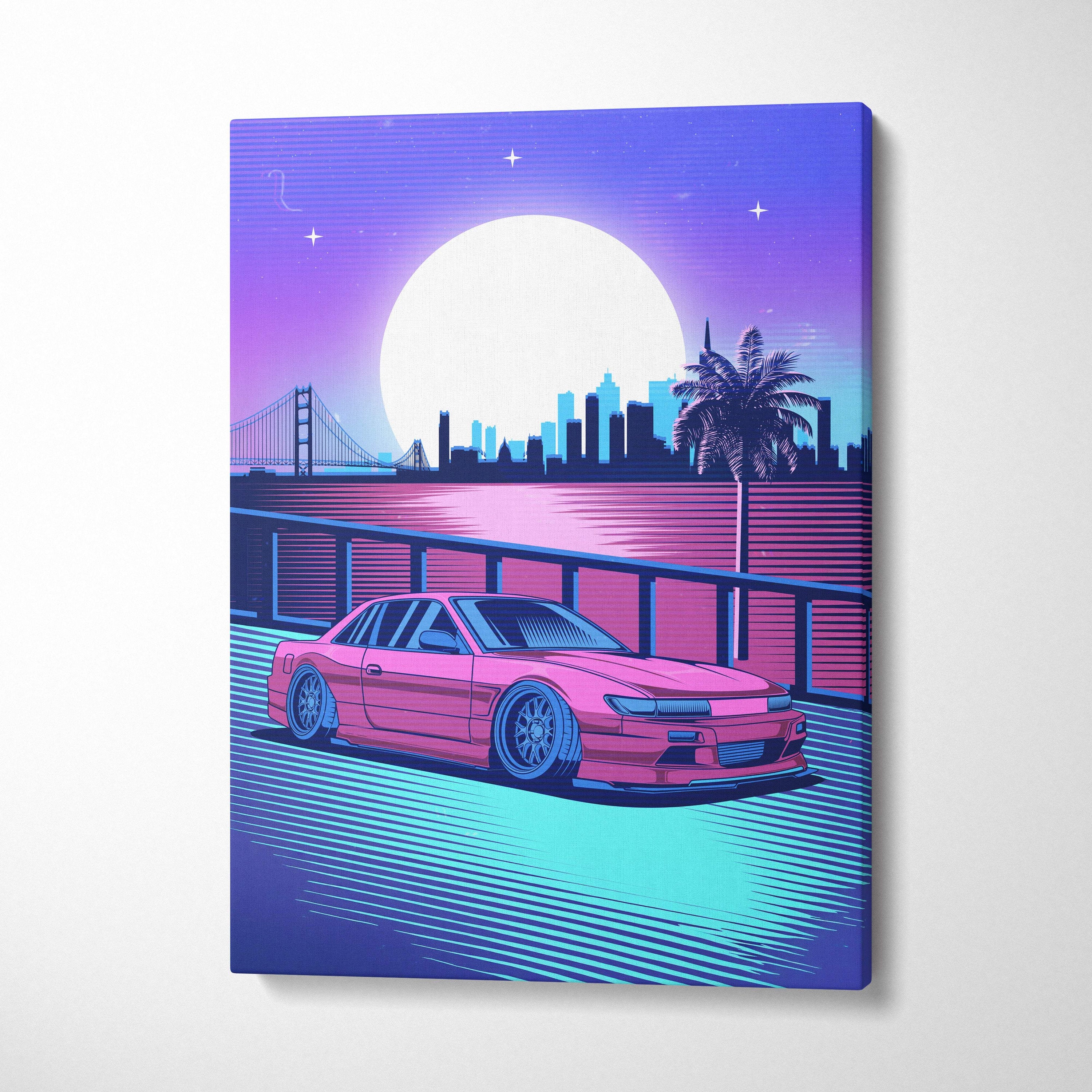 Vibrant pink nissan 180sx drift car canvas art print in neon cyberpunk style with synthwave skyline and neon moon