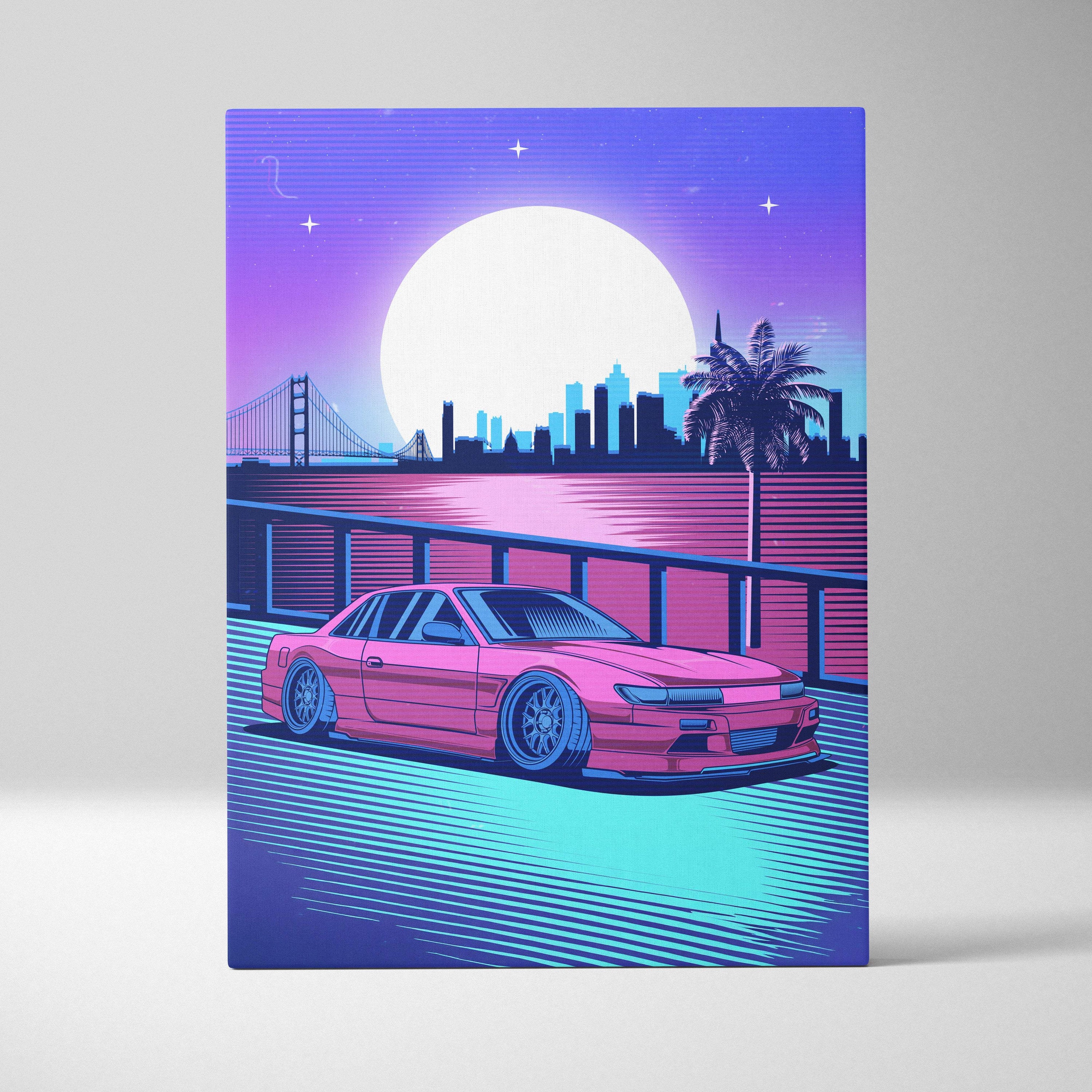 Vaporwave pink jdm s13 silvia drift car canvas art print showing a vibrant pink nissan 180sx with neon cityscape