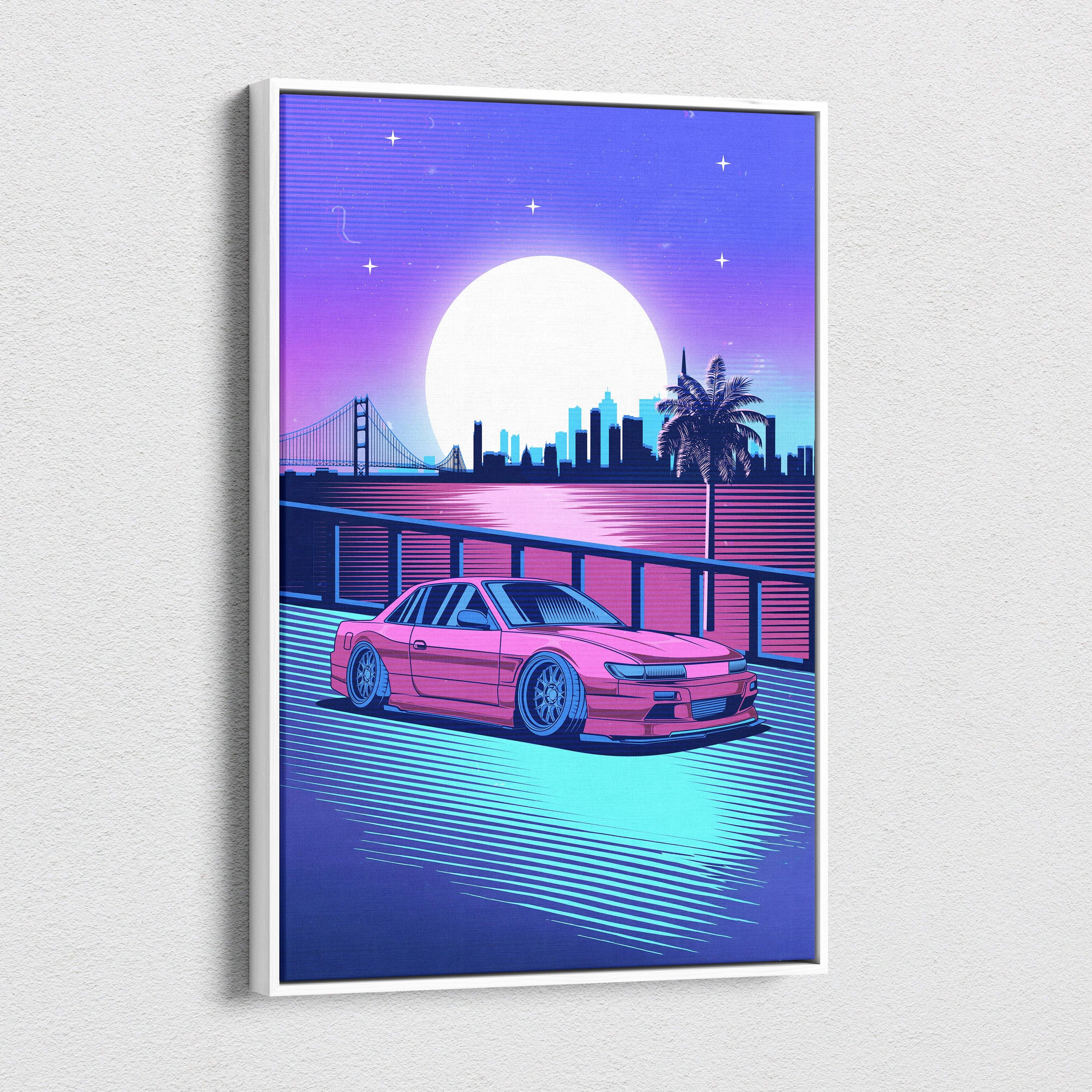 Vaporwave pink jdm s13 silvia drift car canvas art print featuring a vibrant pink sports car with neon blue and purple gradients