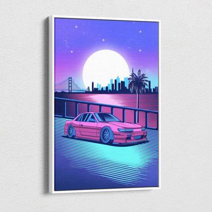 Vaporwave pink jdm s13 silvia drift car canvas art print featuring a vibrant pink sports car with neon blue and purple gradients