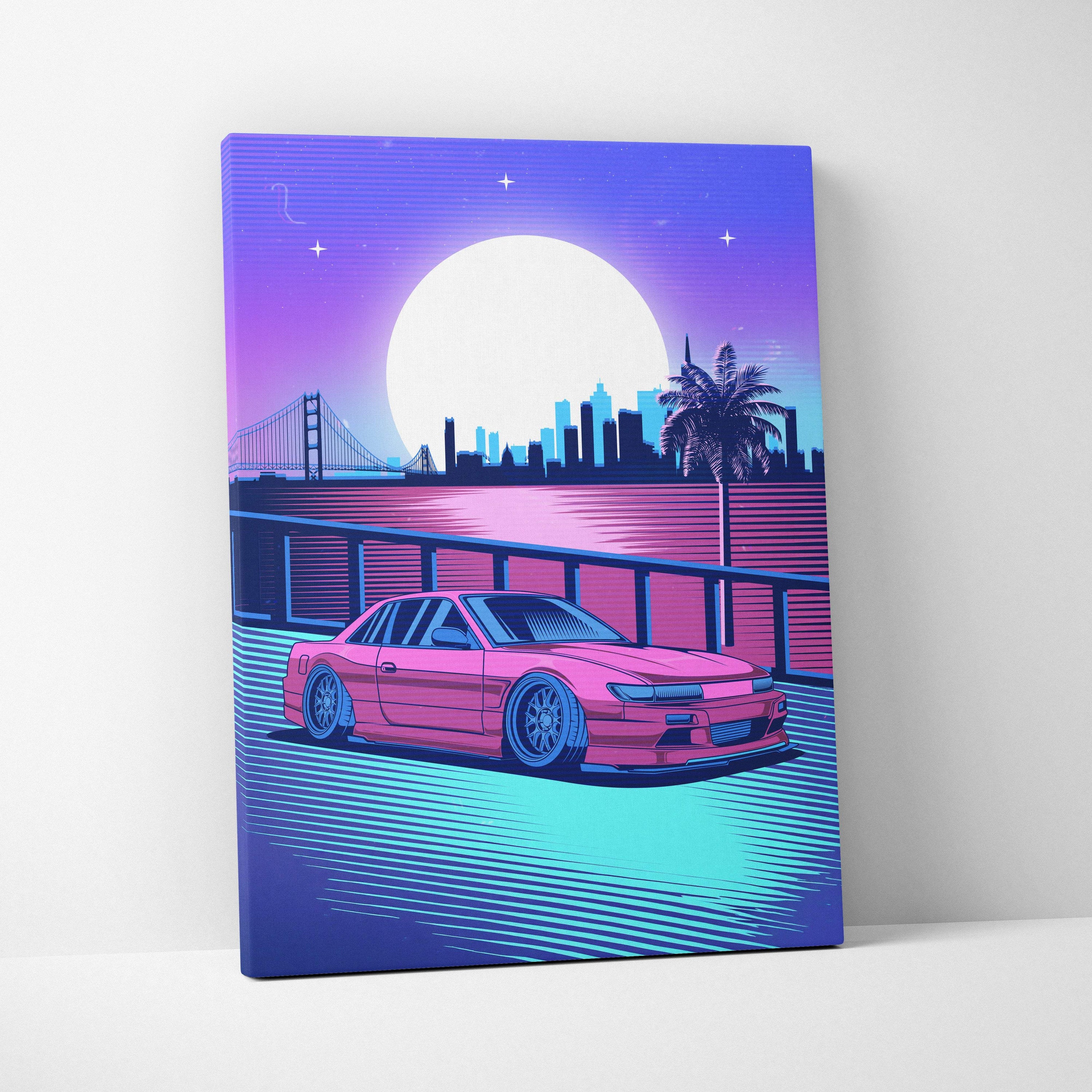 Vibrant pink nissan s14 sports car canvas art print with vaporwave style neon moon bridge and palm tree nightscape