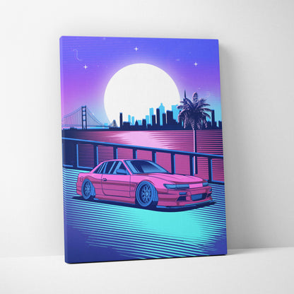 Vibrant pink nissan s14 sports car canvas art print with vaporwave style neon moon bridge and palm tree nightscape