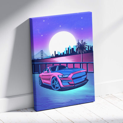 Vaporwave pink muscle car mustang canvas art print featuring neon pink and blue sports car with synthwave city skyline