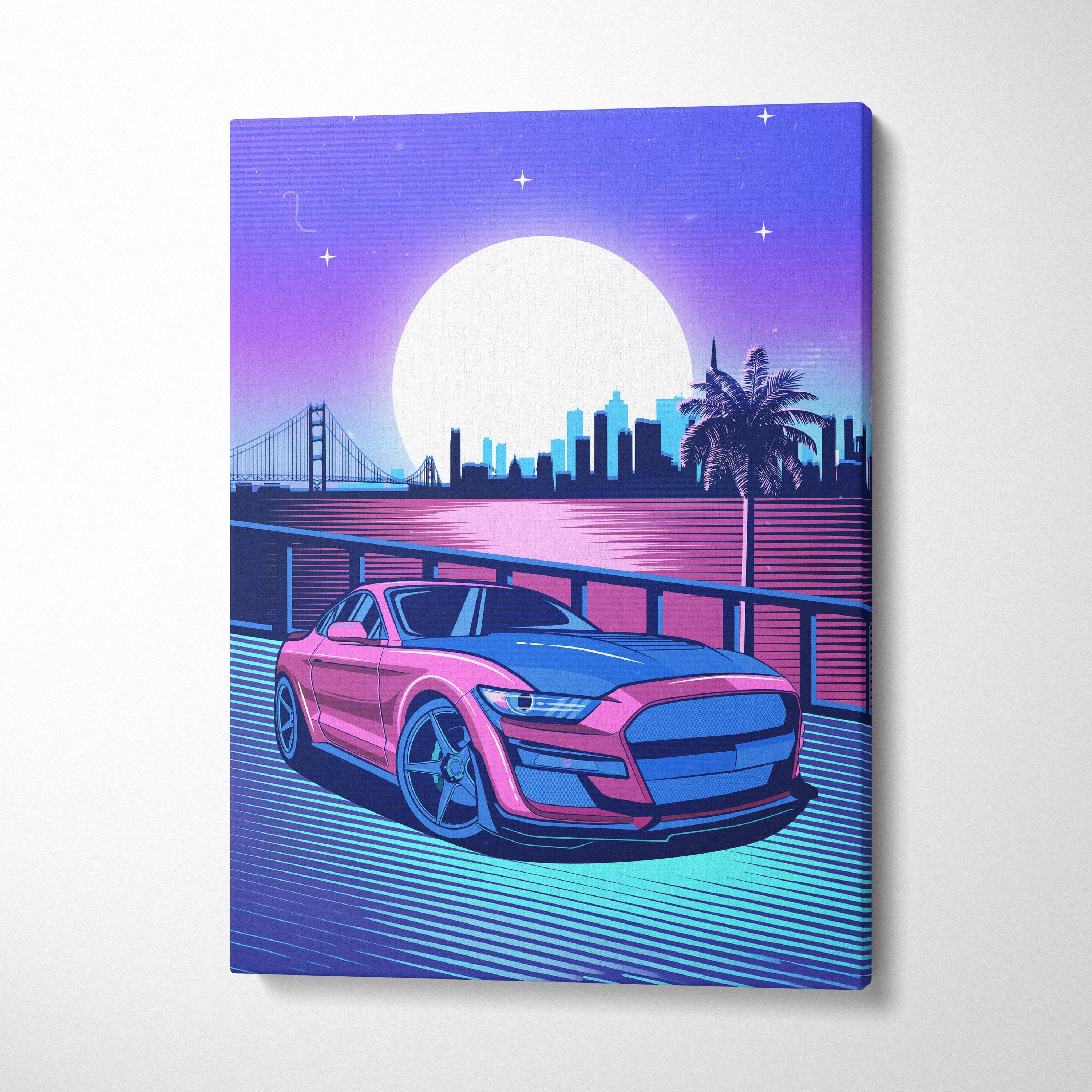 A vibrant pink and blue neon ford mustang sports car canvas print with synthwave city skyline and neon moon decor