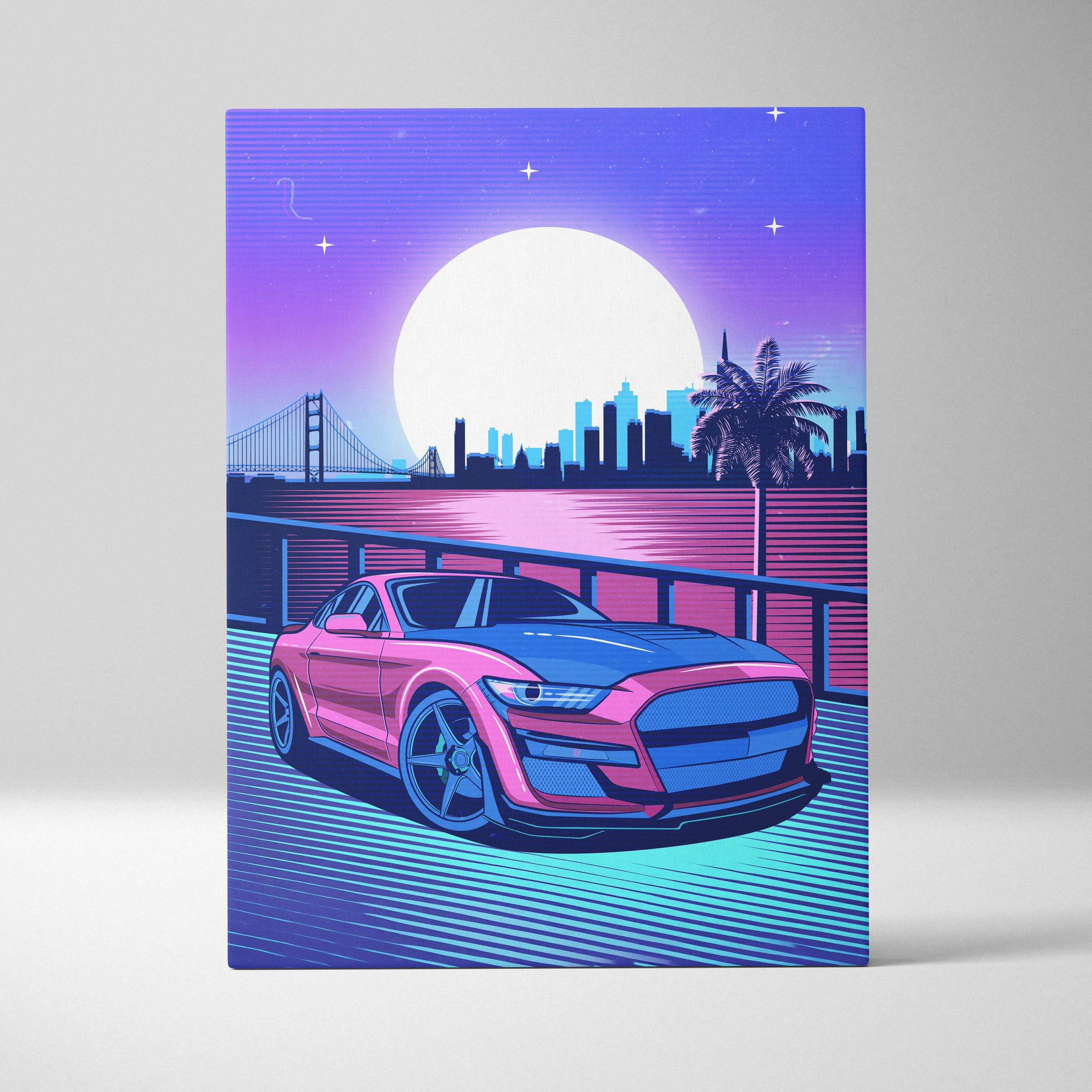 Vaporwave pink muscle car mustang canvas art print featuring vibrant pink and blue sports car with neon cityscape background