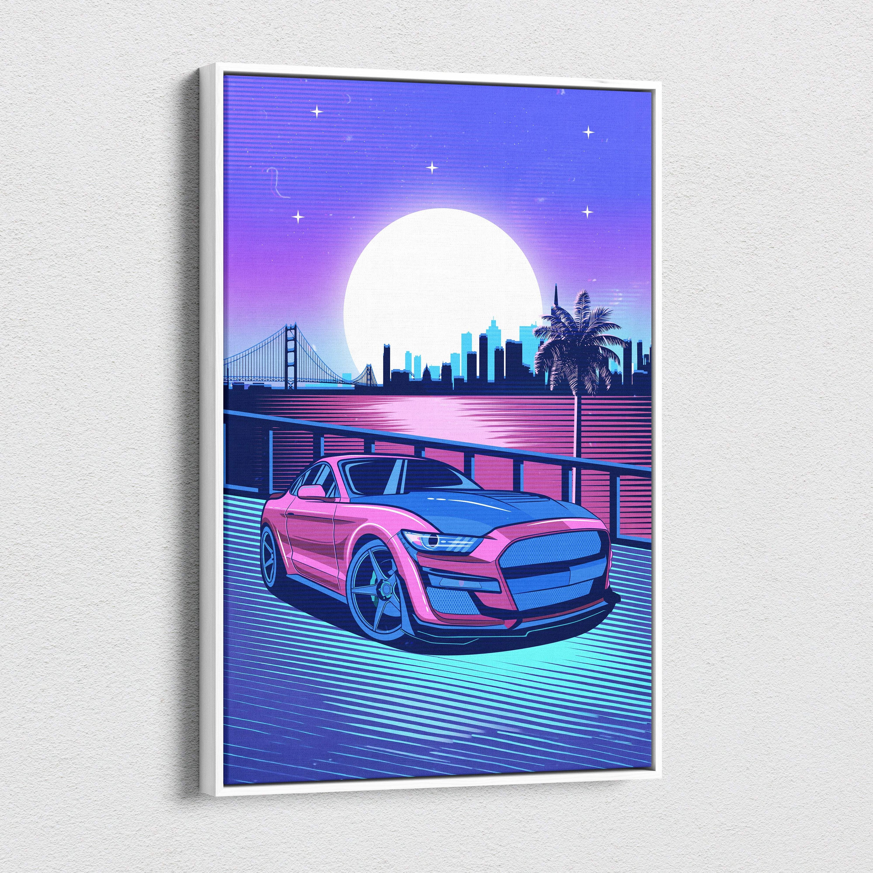 Vaporwave pink muscle car mustang canvas art print with neon pink and blue sports car under moonlit synthwave cityscape