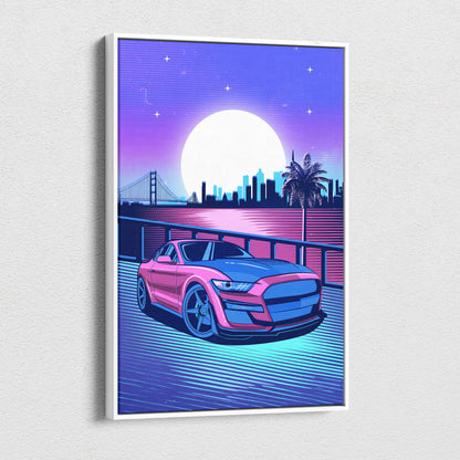 Vaporwave pink muscle car mustang canvas art print with neon pink and blue sports car under moonlit synthwave cityscape