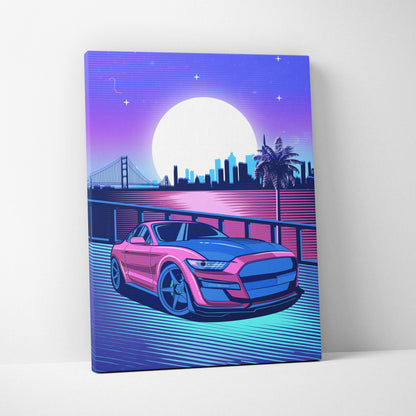 Vaporwave pink muscle car mustang canvas art print showing neon pink and blue ford mustang speeding under glowing moon