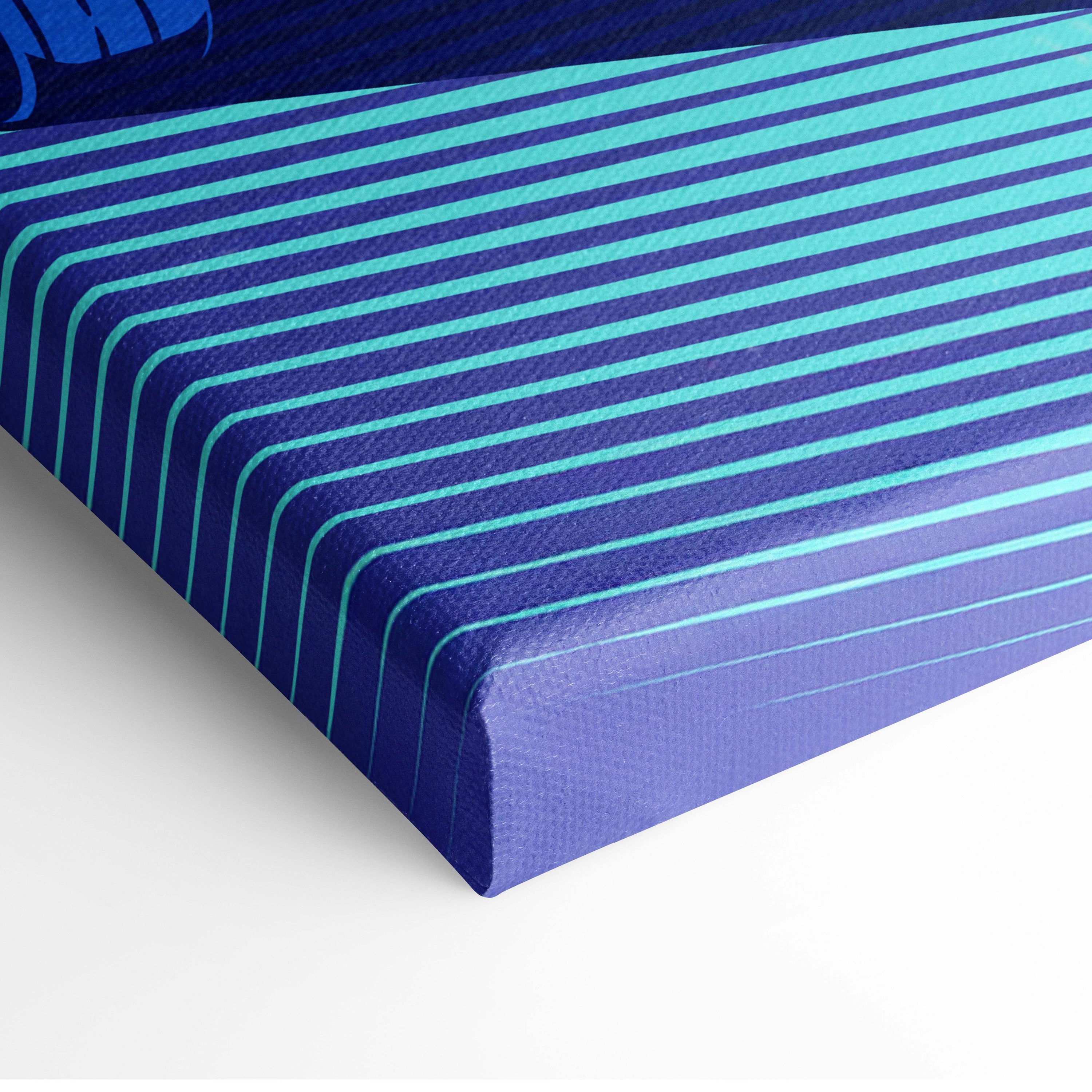 Vaporwave pink retro drift car canvas art print with bold diagonal teal stripes on deep navy blue background
