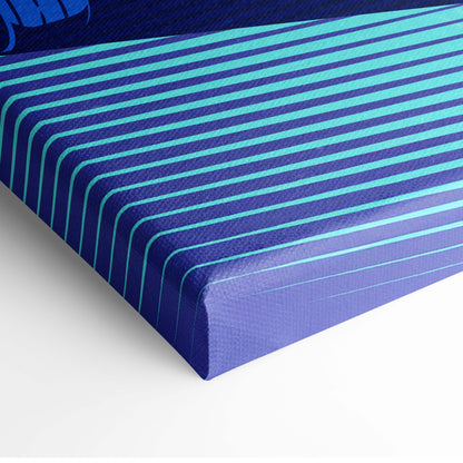 Vaporwave pink retro drift car canvas art print with bold diagonal teal stripes on deep navy blue background