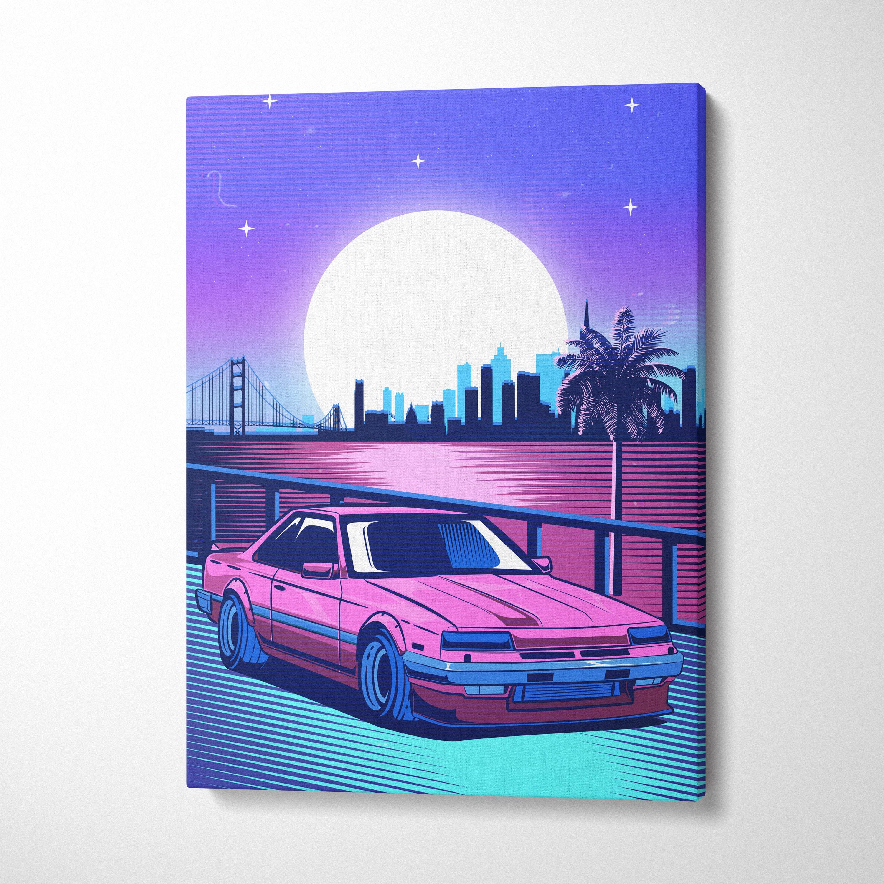 Vaporwave pink retro drift car canvas art print featuring a vibrant pink sports car with blue accents in a neon cityscape