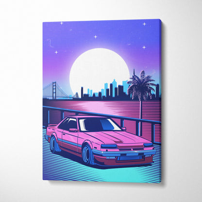 Vaporwave pink retro drift car canvas art print featuring a vibrant pink sports car with blue accents in a neon cityscape