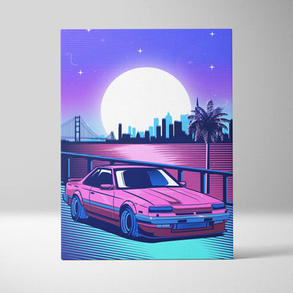 Pink retro-styled sports car canvas art print featuring vaporwave synthwave city skyline neon moon bridge palm trees