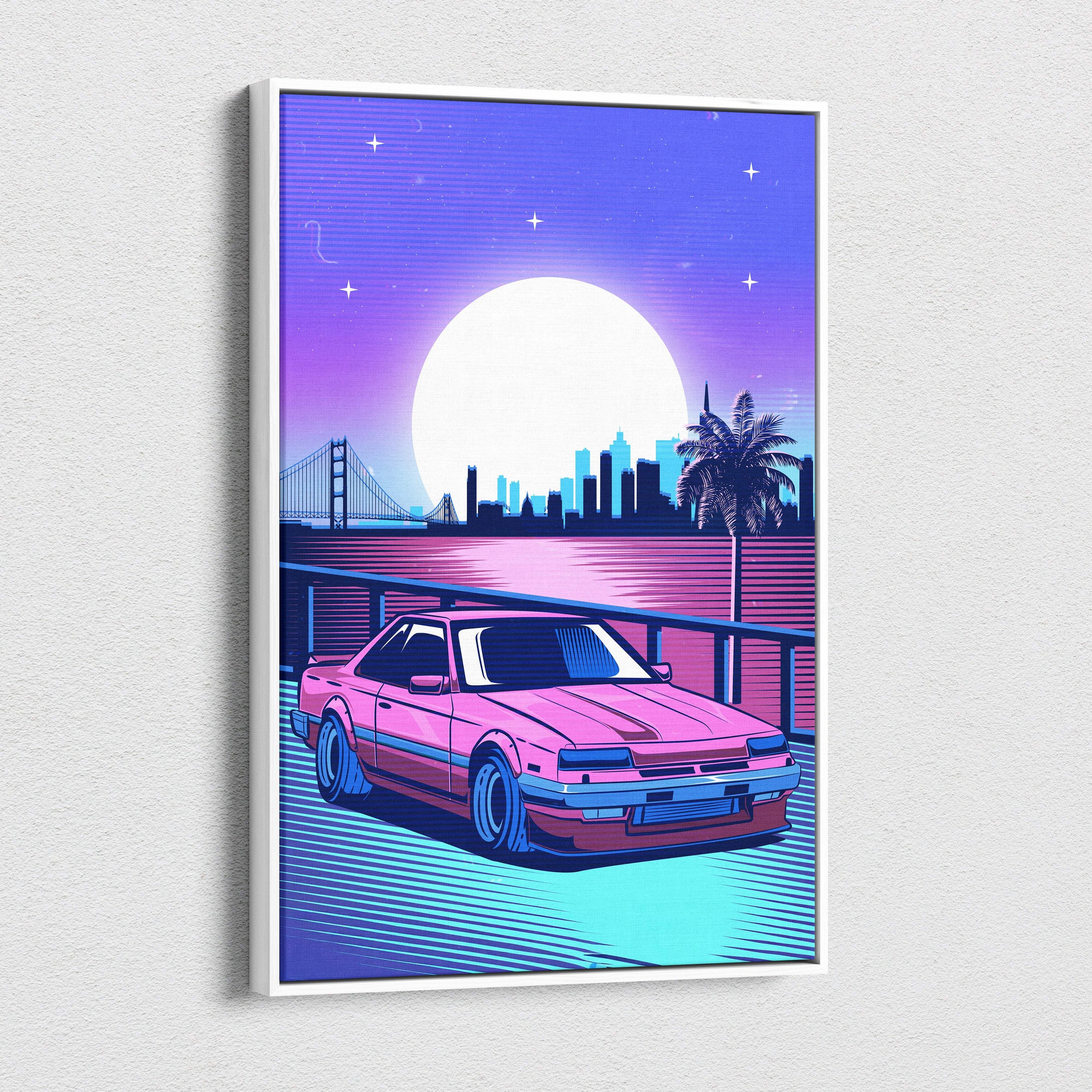 Vibrant pink and red retro sports car illustration on canvas art print with neon purple vaporwave nightscape background