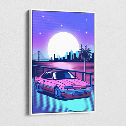 Vibrant pink and red retro sports car illustration on canvas art print with neon purple vaporwave nightscape background