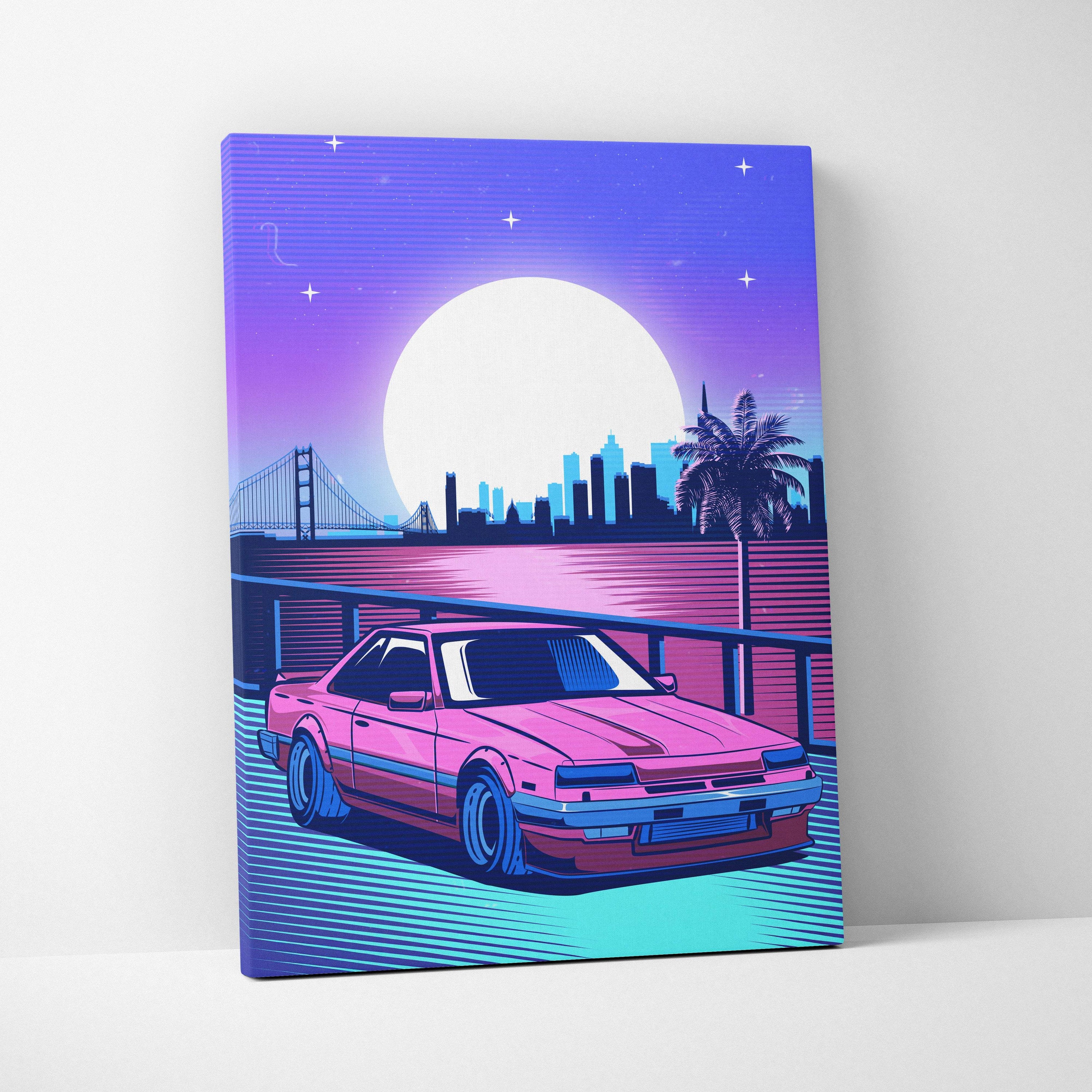 Vaporwave pink retro drift car canvas art print featuring vibrant pink and red car with neon cityscape background