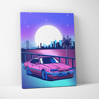 Vaporwave pink retro drift car canvas art print featuring vibrant pink and red car with neon cityscape background