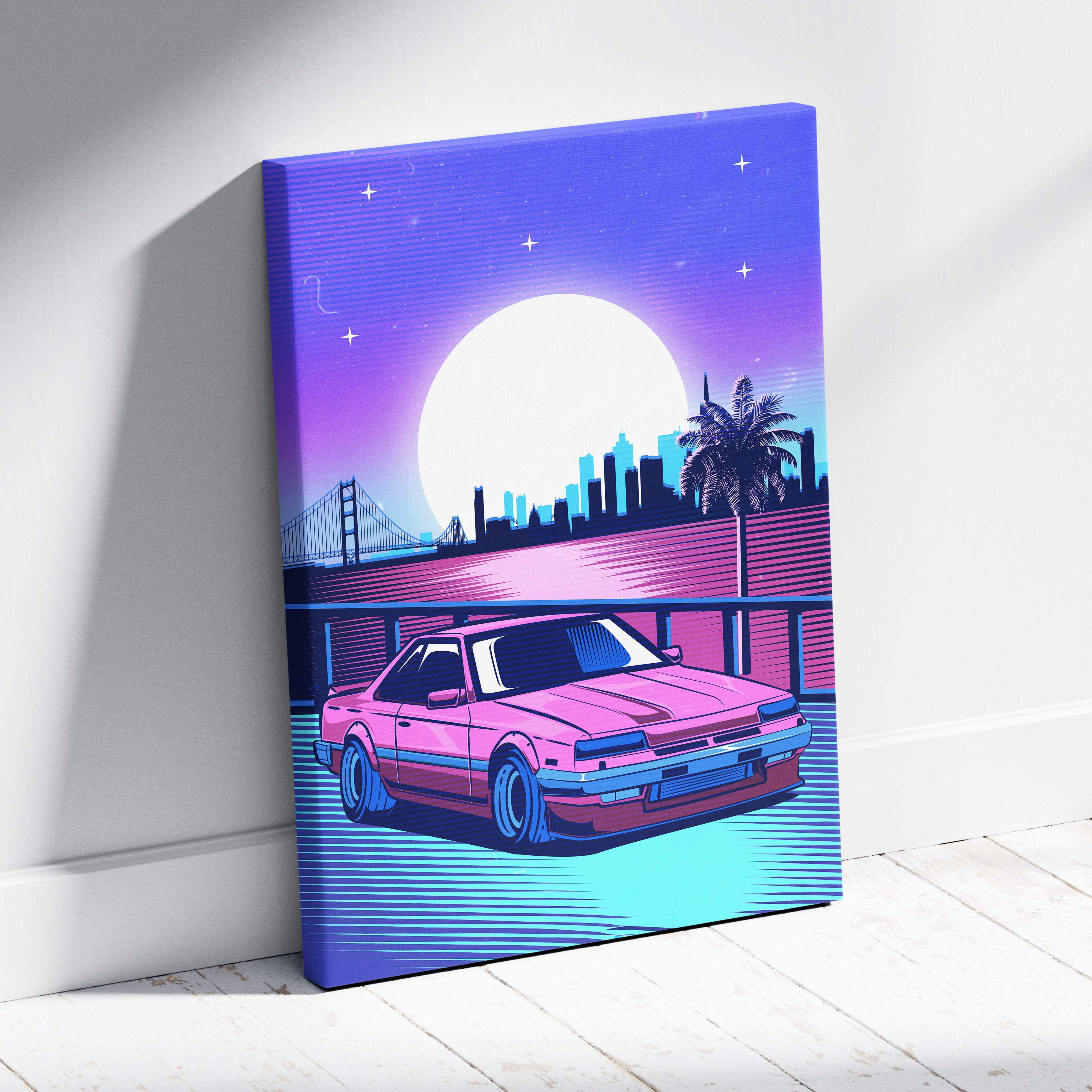 A vibrant pink and blue retro canvas print featuring a classic car under a neon sunset city skyline wall decor