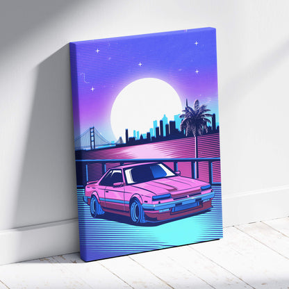 A vibrant pink and blue retro canvas print featuring a classic car under a neon sunset city skyline wall decor