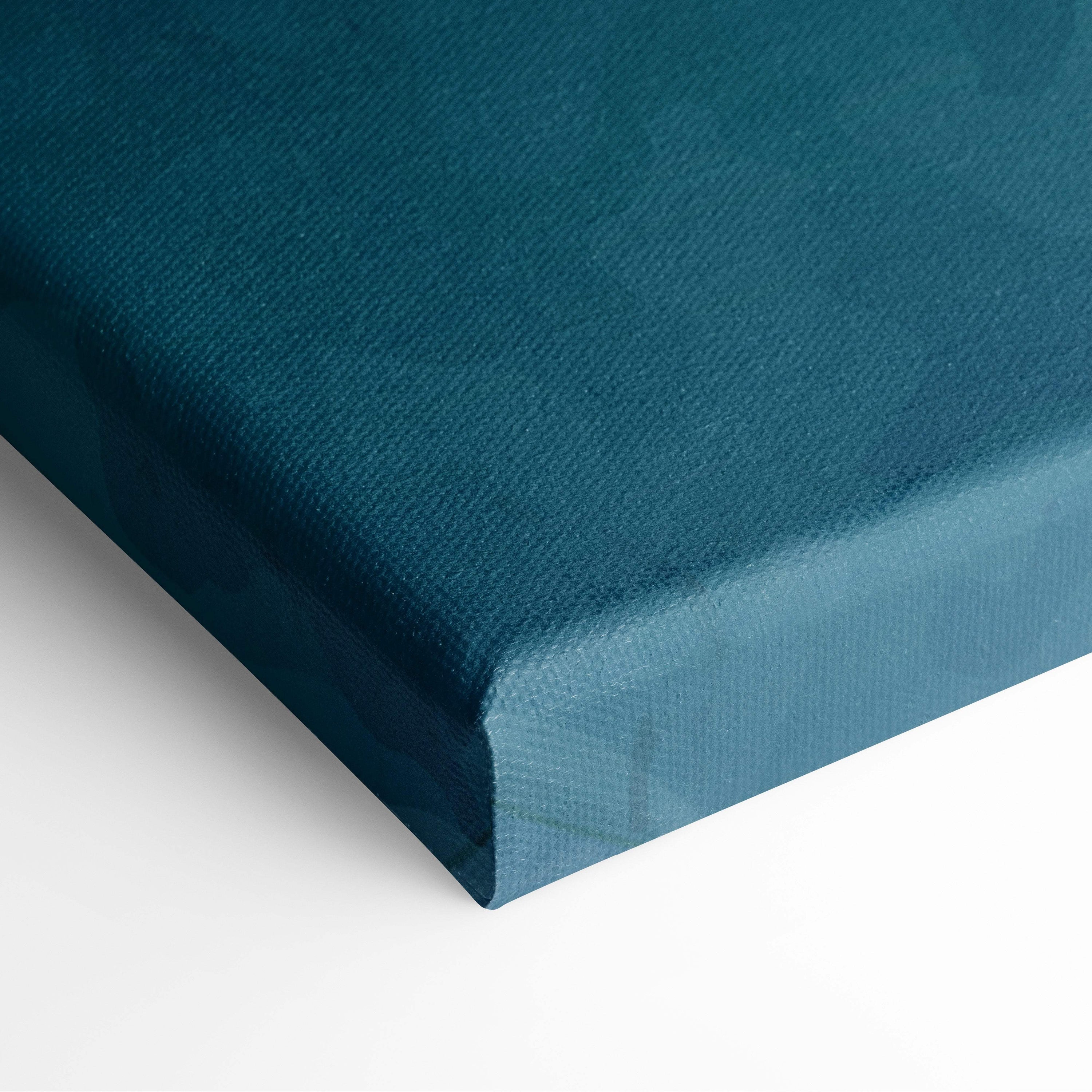 Teal canvas wall art with textured fabric surface and visible weave pattern featuring mount fuji ocean wave design