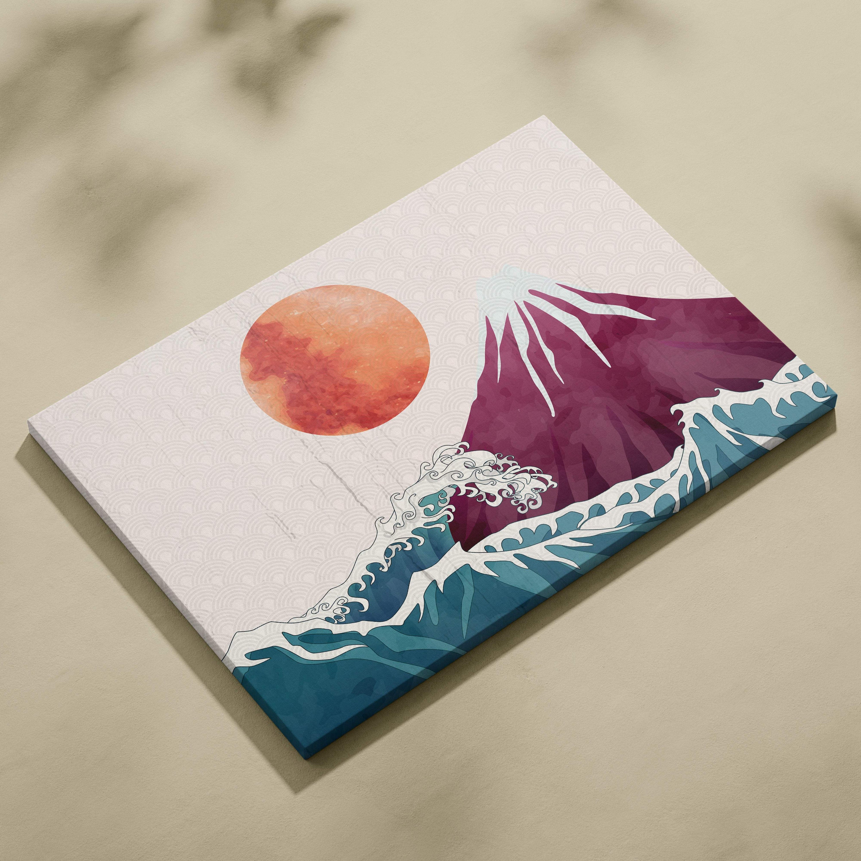 Rectangular canvas print of Mount Fuji with vibrant orange sun and blue waves on textured off-white fabric for wall art