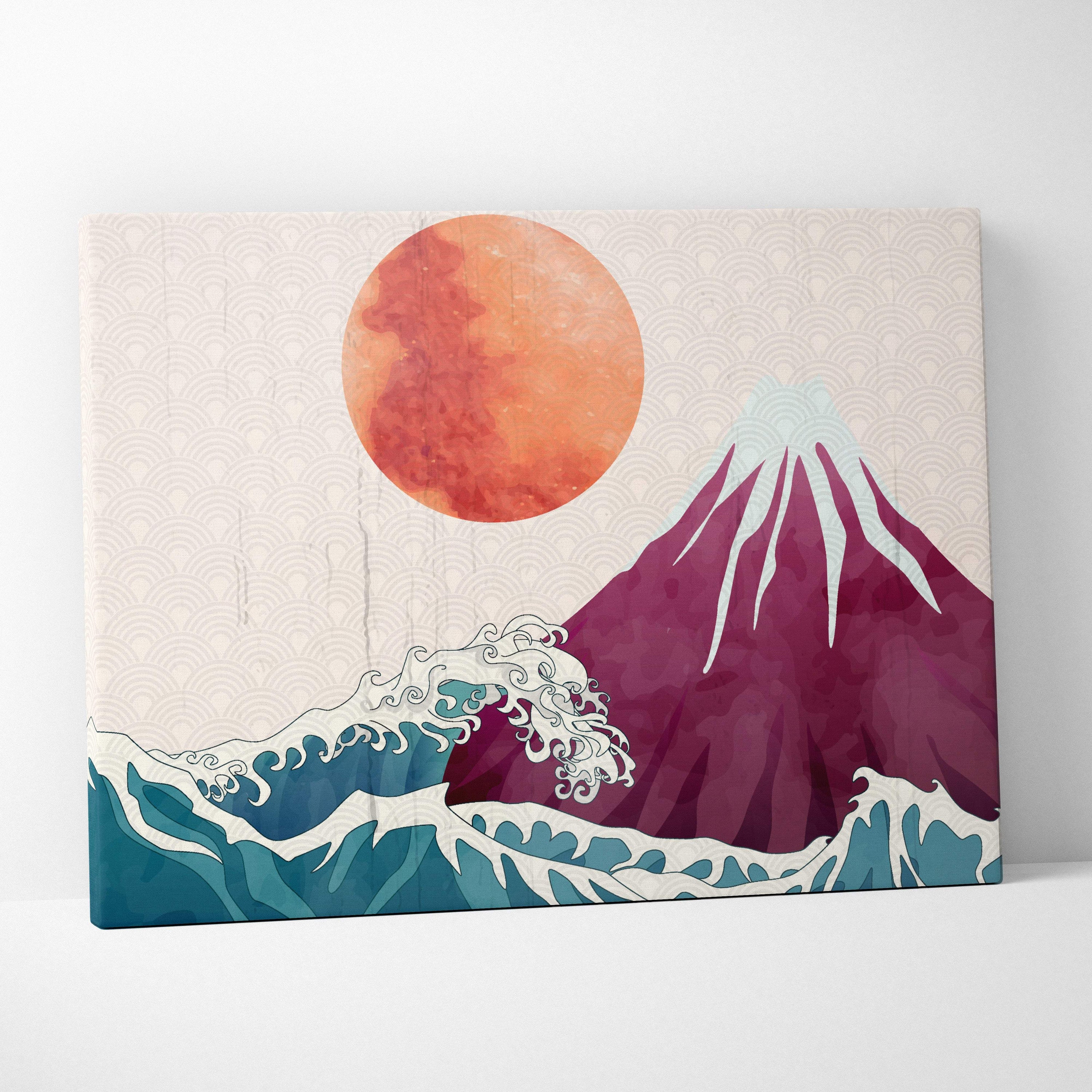 Mount Fuji ocean wave canvas wall art with vibrant orange sun purple mountain and teal blue waves on beige textured print