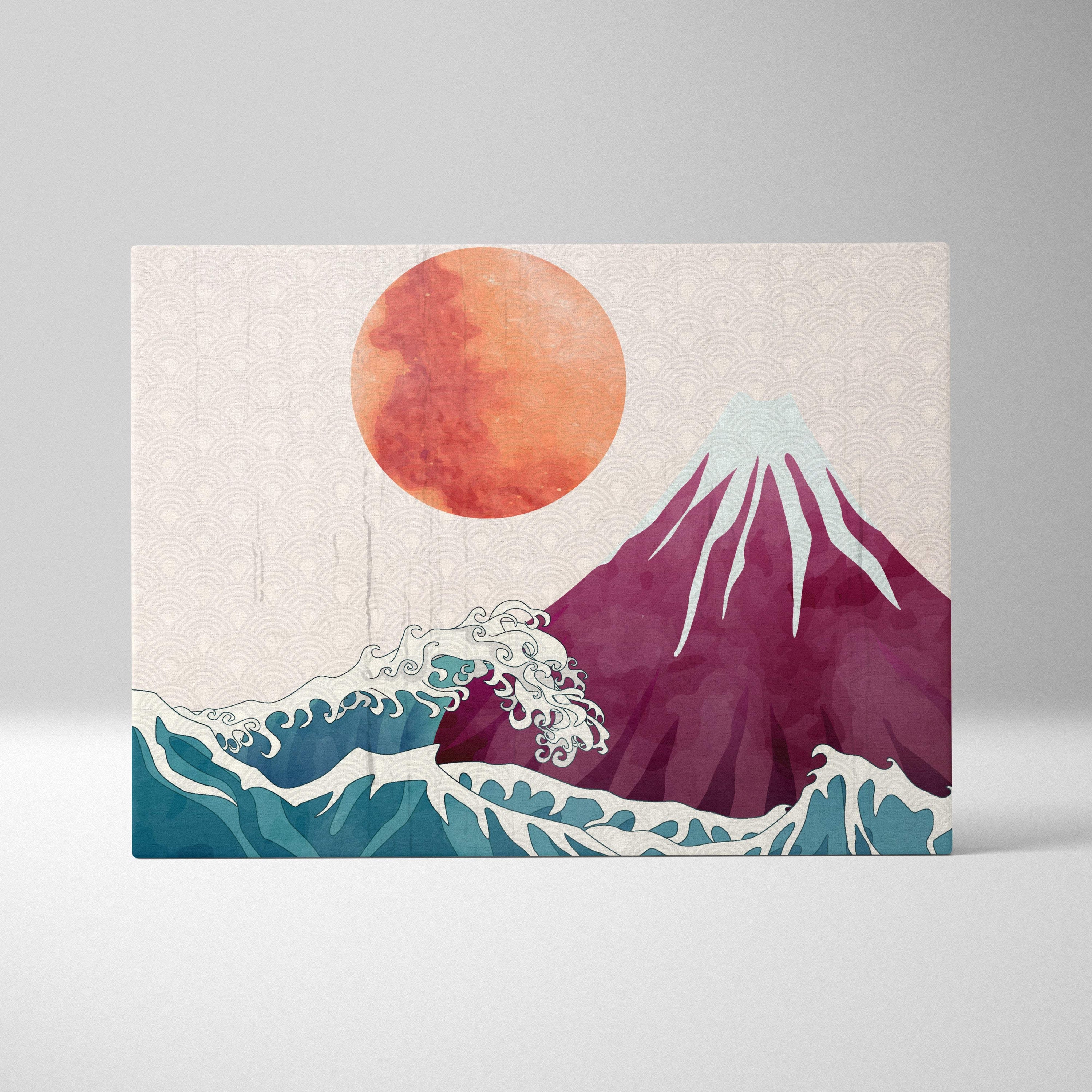 Rectangular canvas print of mount fuji with deep purple peaks turquoise waves and orange sun for living room decor