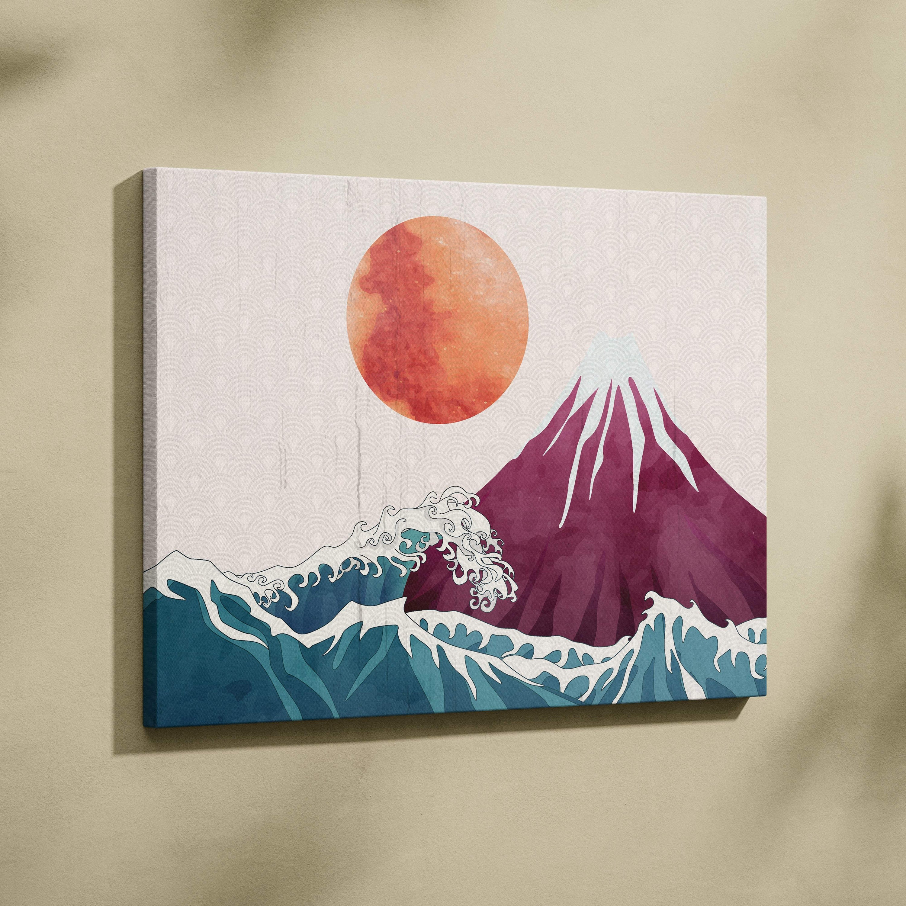 A modern canvas print of mount fuji with deep purple peaks teal ocean waves and an orange sun on textured off white background