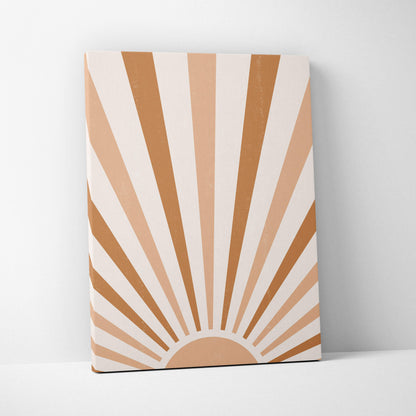 Boho sunrise canvas wall art featuring a minimalist sunburst design in warm beige and terracotta tones