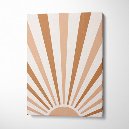 Boho Sunrise canvas wall art featuring a minimalist sunburst design in neutral beige and terracotta tones on canvas