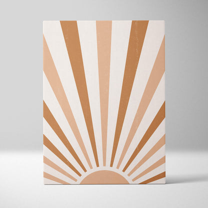 Boho sunrise canvas wall art with minimalist terracotta sunburst print in warm beige and tan tones