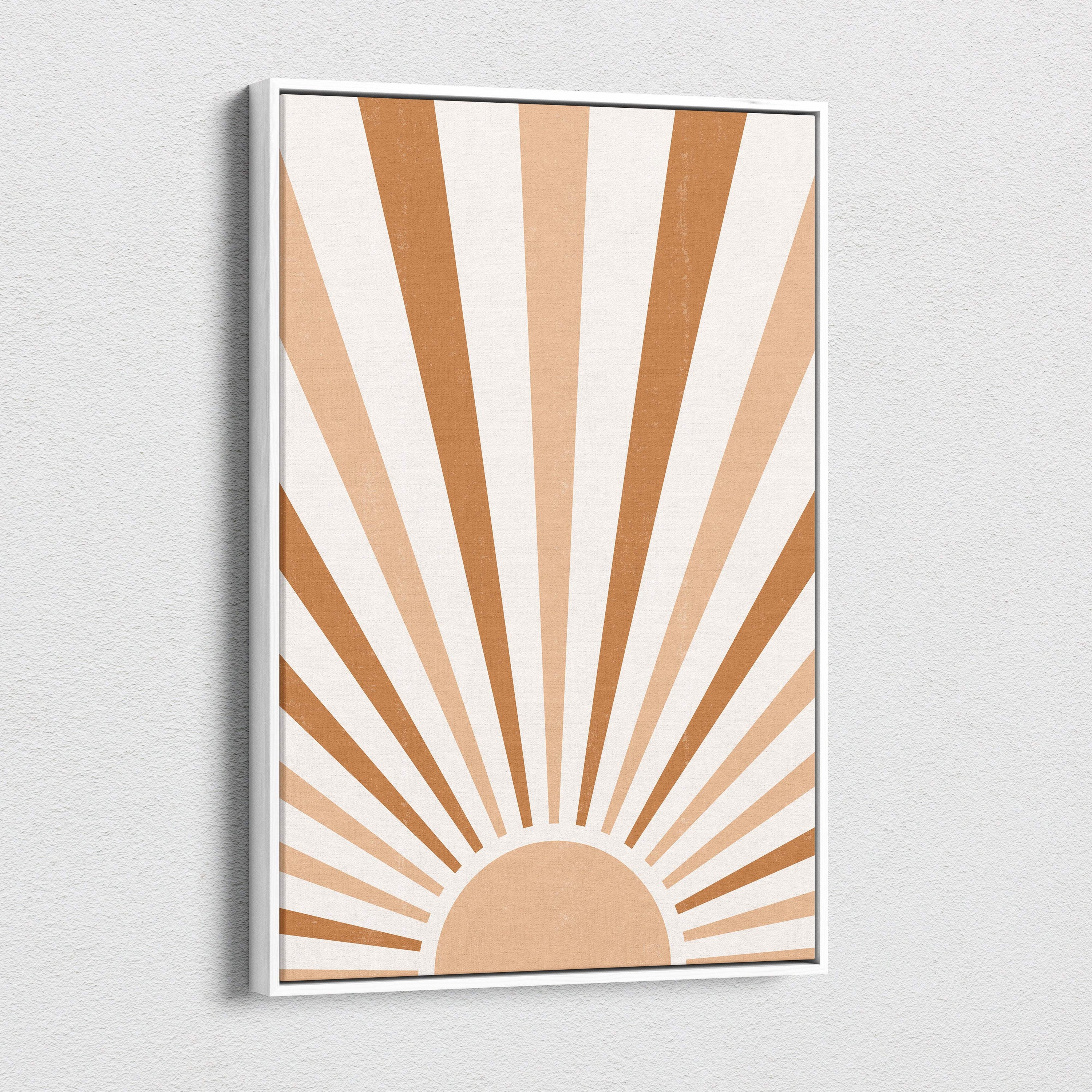 Boho sunrise canvas wall art with a minimalist beige and terracotta sunburst in a sleek white frame