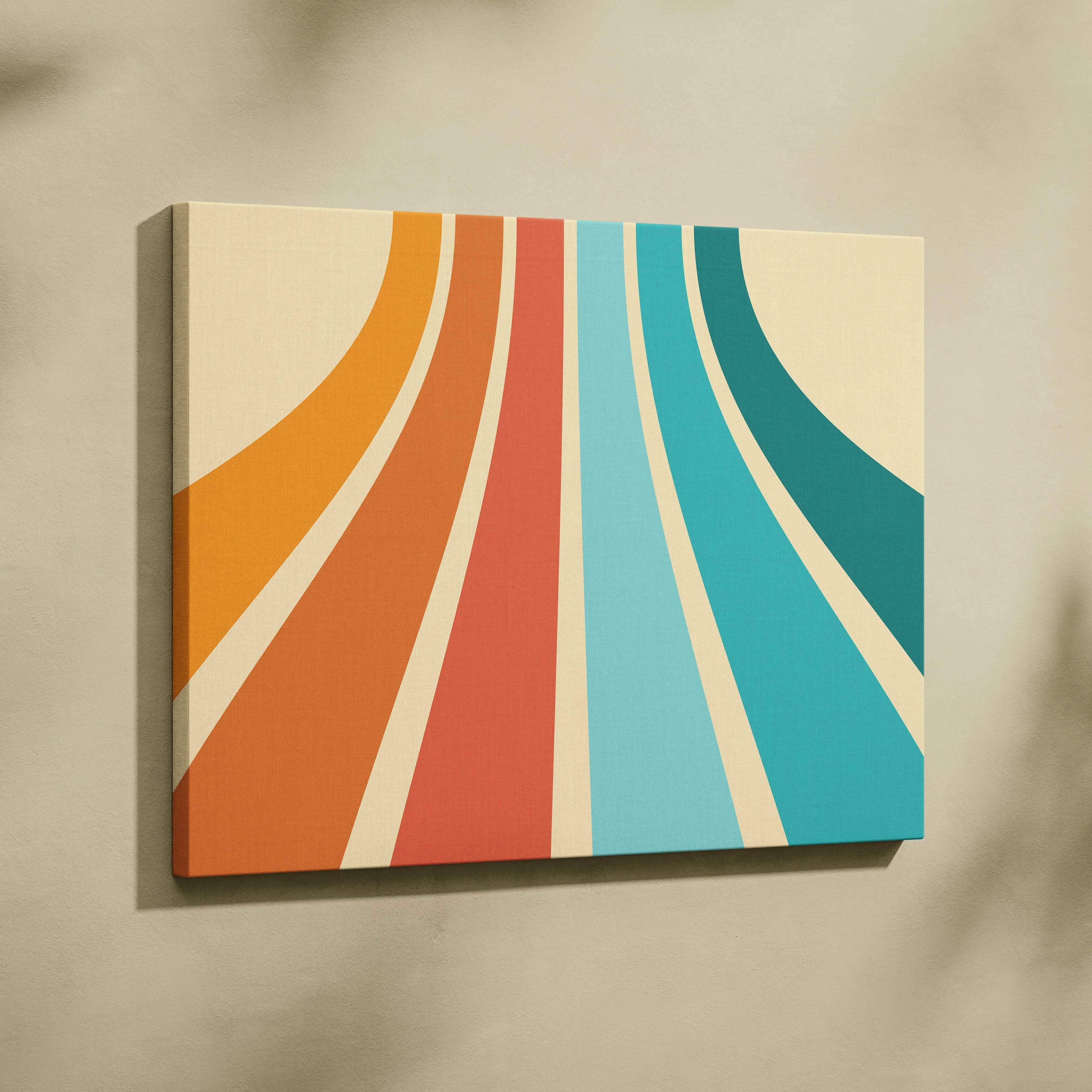 Abstract retro sunburst canvas wall art in orange coral teal cream
